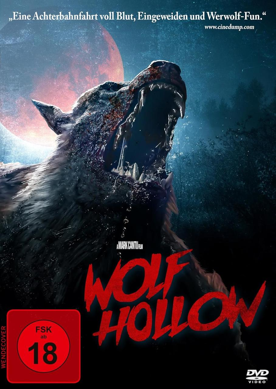 Wolf Hollow Filmplakat. Ein Wolf knurrt, roter Mond und Wald im Hintergrund.