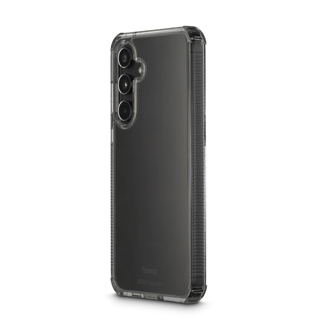 Eine transparente Handyhülle auf einem schwarzen Telefon, die die Rückkamera zeigt.
