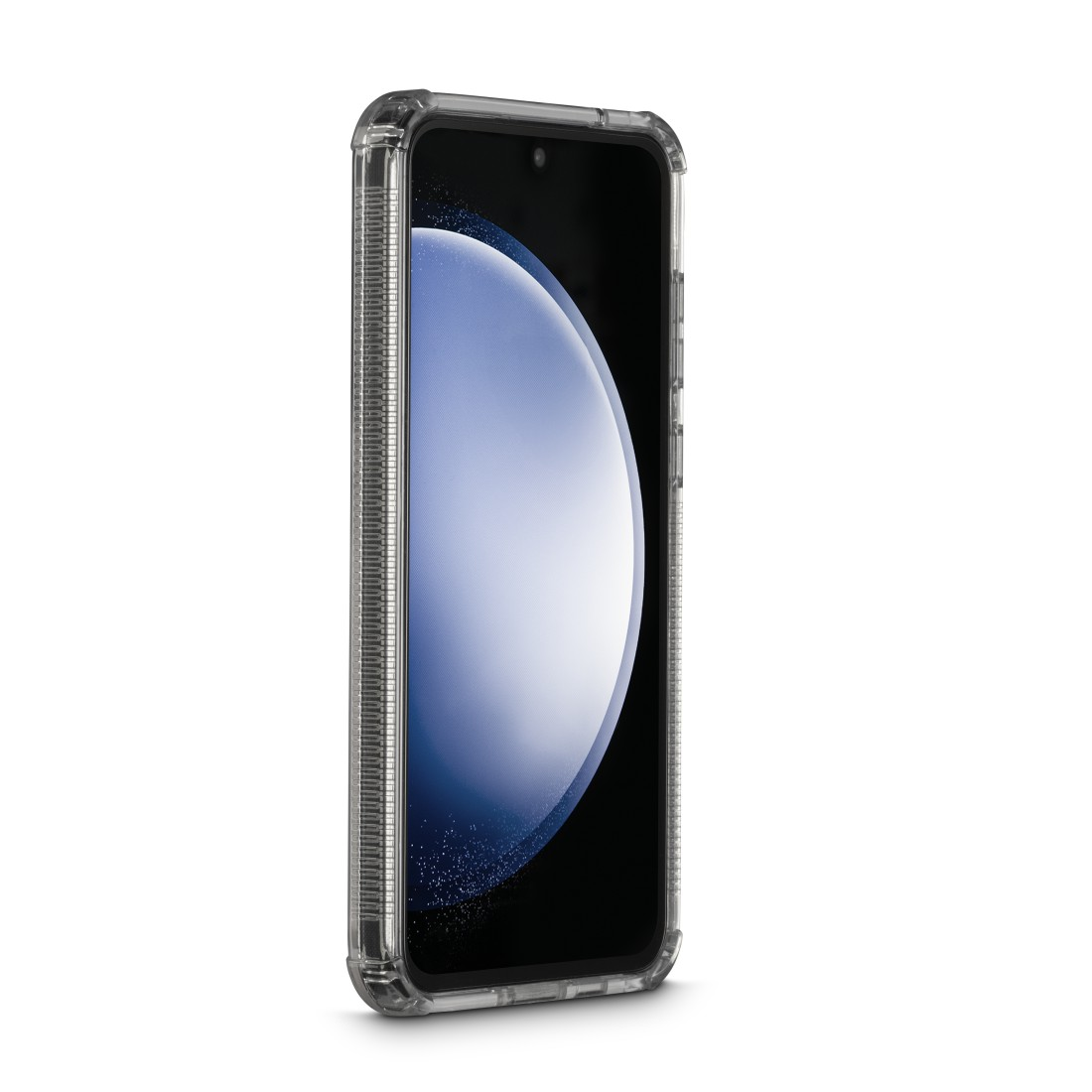 Smartphone in klarer Schutzhülle, zeigt blauen und weißen Bildschirm.