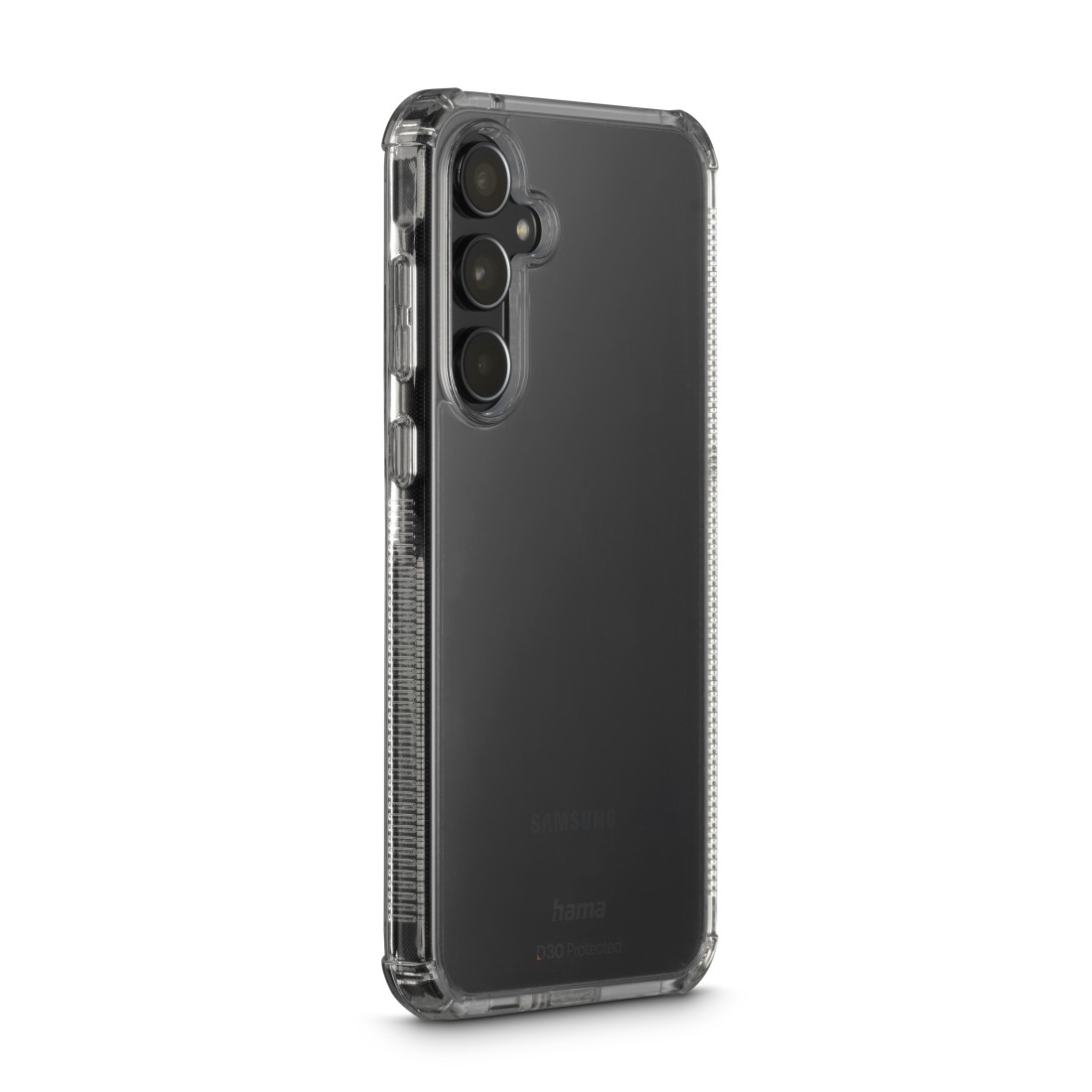Transparente Handyhülle auf einem schwarzen Samsung-Telefon, zeigt Kamera und Rückseite.