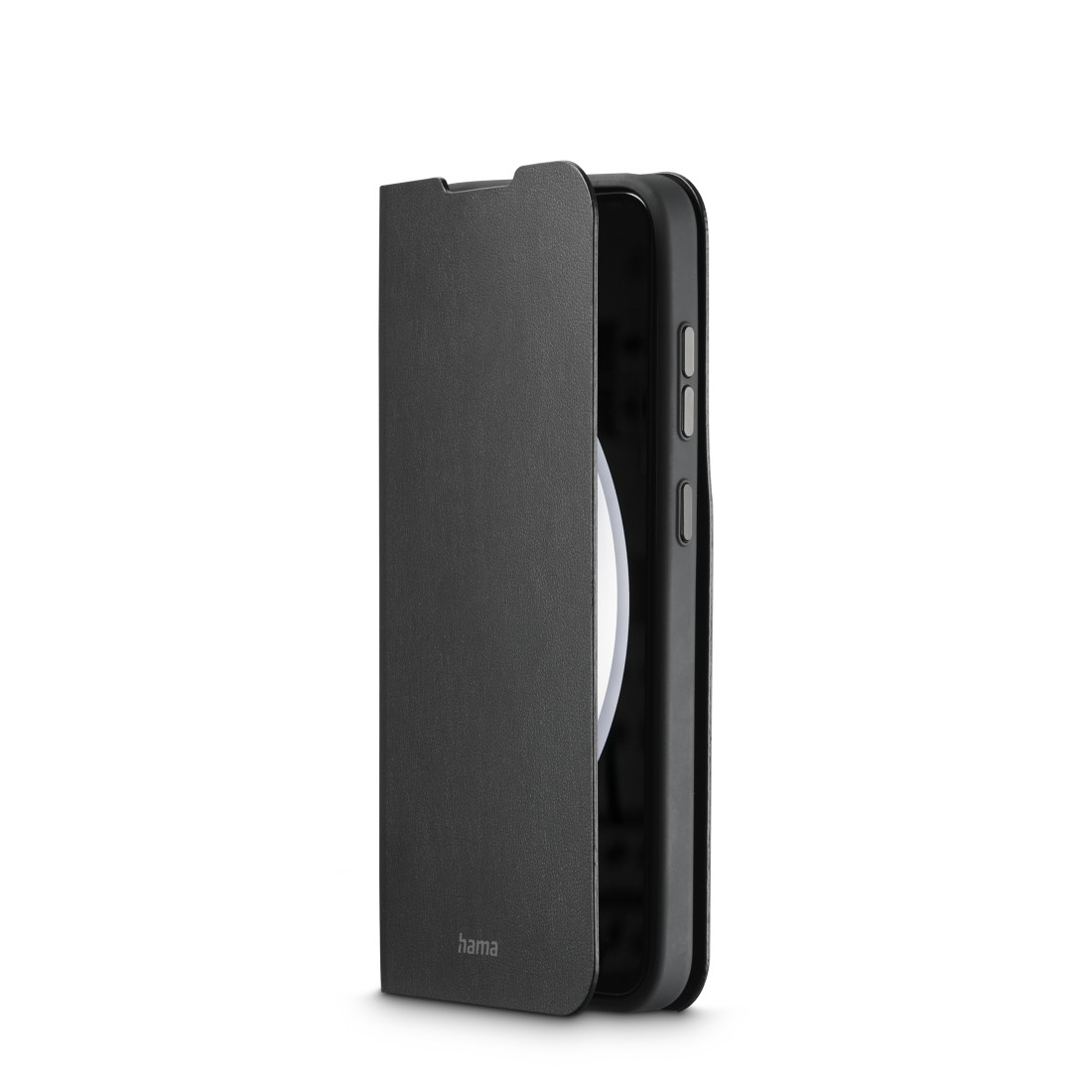 Schwarze Handyhülle mit Klappdeckel, geöffnet, um ein schwarzes Handy zu zeigen.