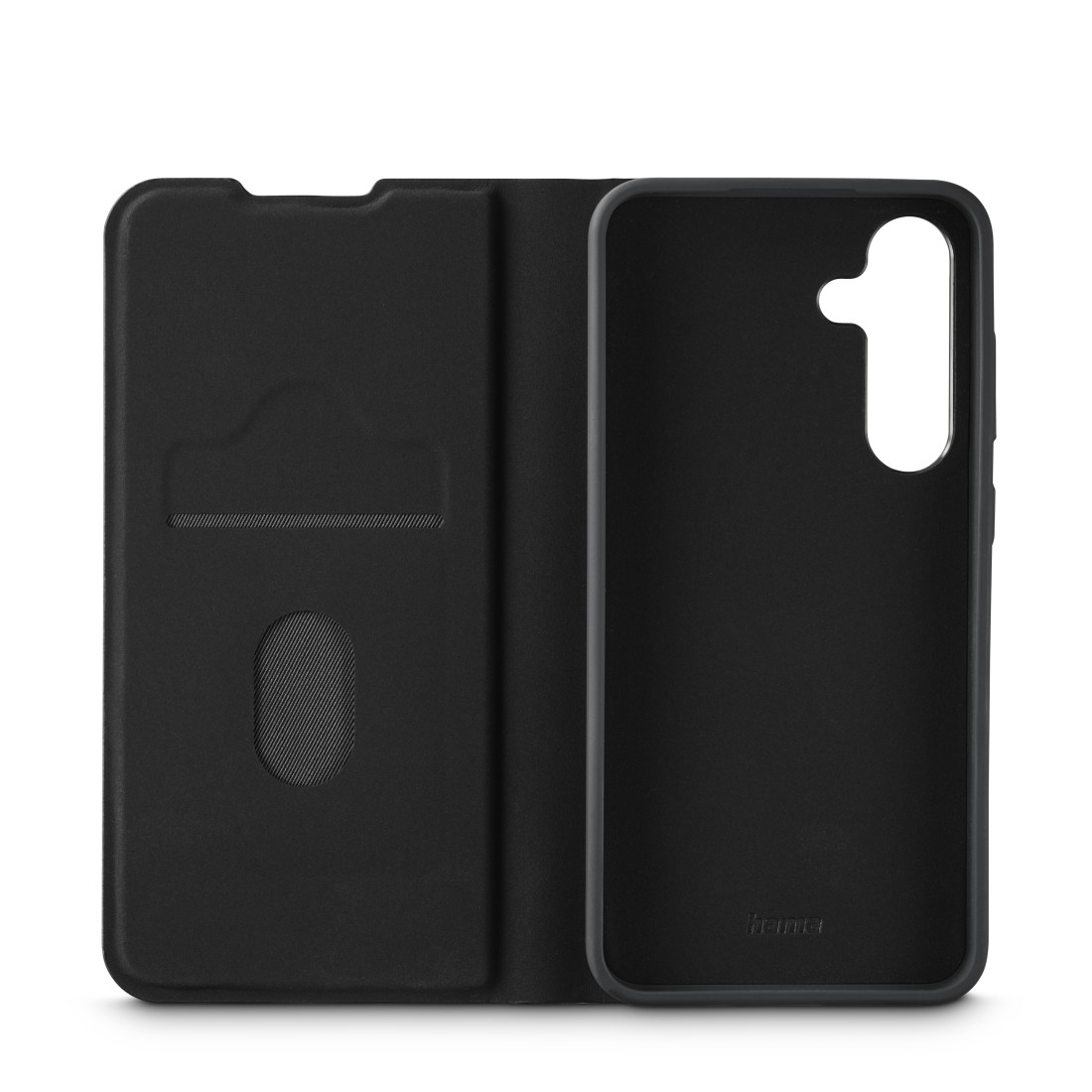 Schwarze Leder-Handyhülle, offen, mit Kartenfach. Die Telefonseite ist schwarz mit Kameraausschnitt.