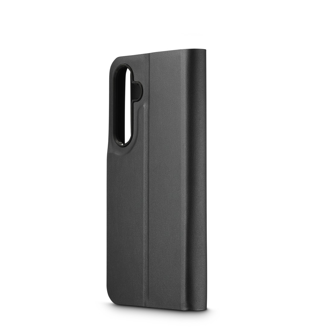 Eine schwarze Handyhülle, geschlossen, mit Ausschnitt für die Kamera.
