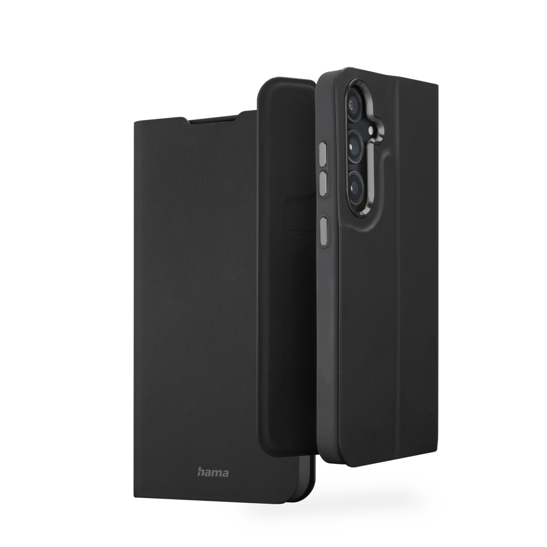 Ein schwarzes Telefon in einer schwarzen Lederhülle, mit einer separaten Hülle.