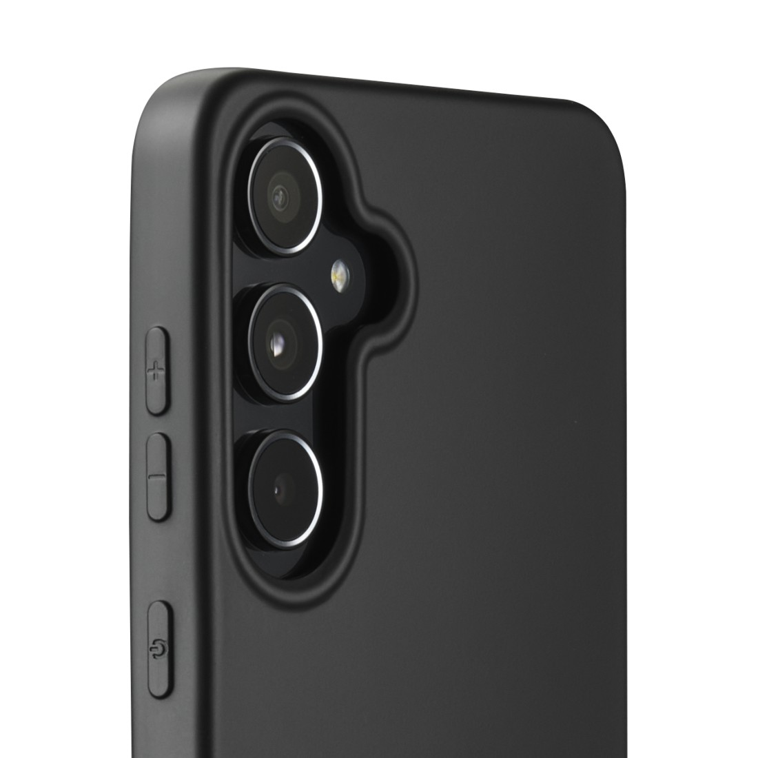 Schwarzes Smartphone mit drei Rückkameras. Das Kameramodul befindet sich oben links.