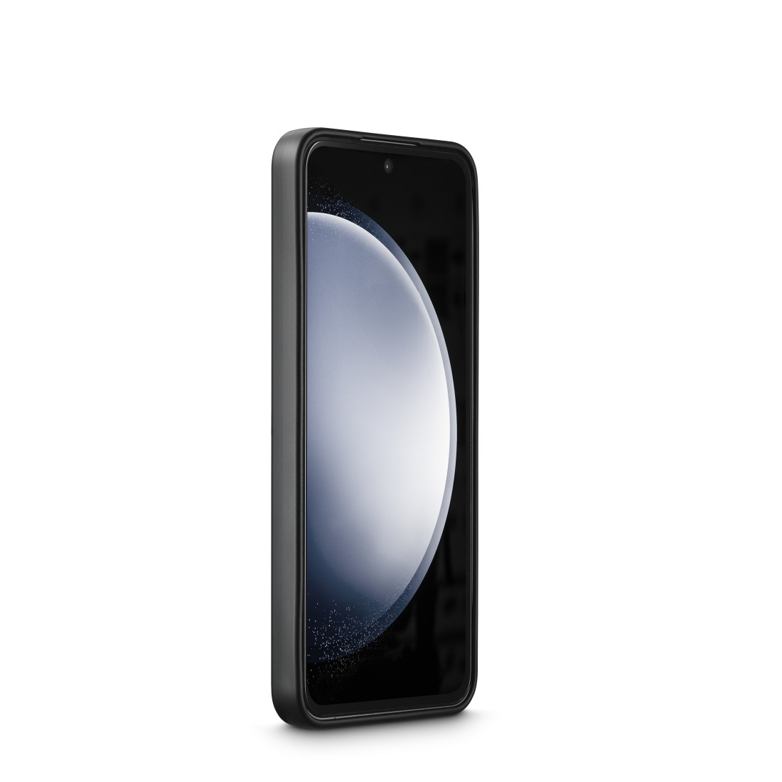 Schwarzes Telefon mit großem Bildschirm, leicht angewinkelt, auf weißem Hintergrund.