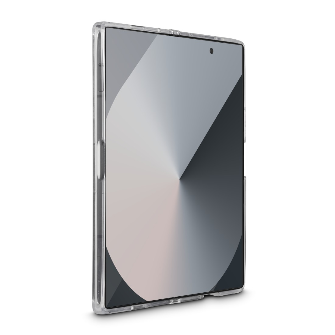 Eine transparente Smartphone-Hülle mit einem Telefon darin, vor weißem Hintergrund.