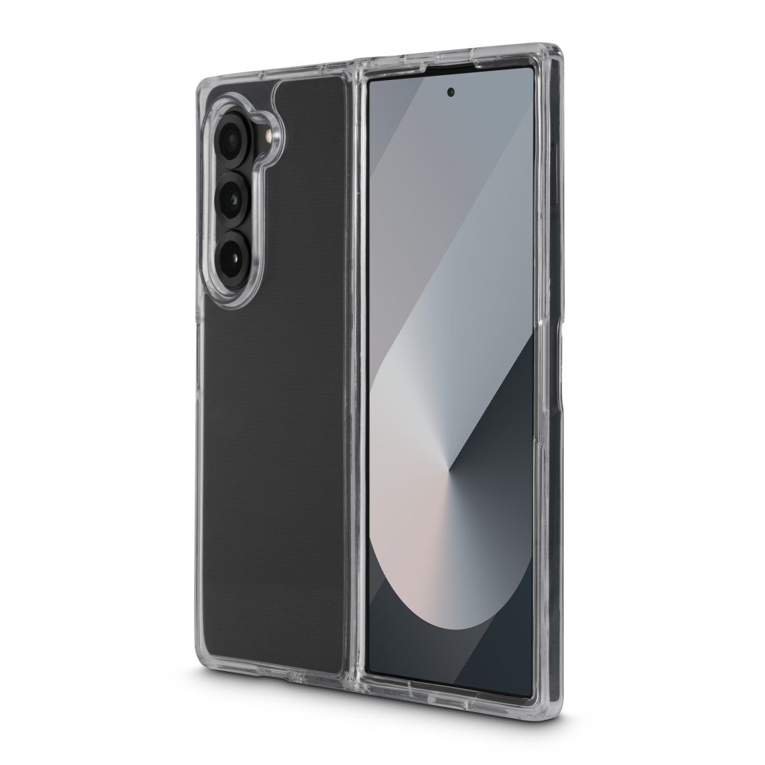 Ein gefaltetes Telefon in einer durchsichtigen Hülle, zeigt die Rückseite mit drei Kameras.