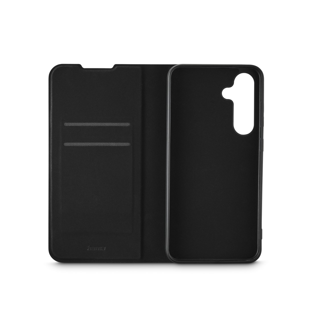 Eine schwarze Handyhülle, geöffnet, mit zwei Kartenfächern und dem Umriss des Telefons.