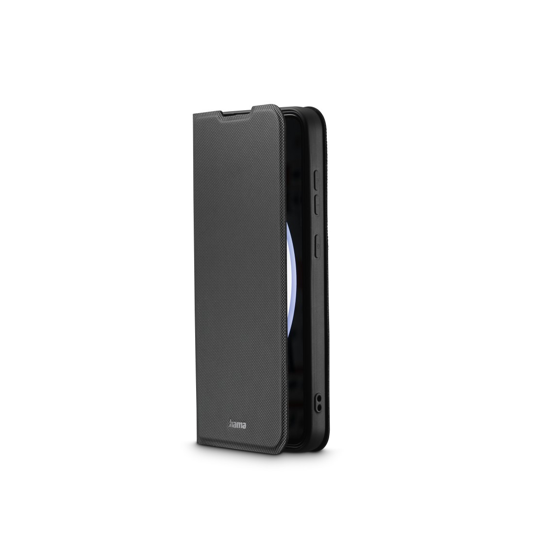 Eine schwarze Handyhülle, geöffnet, um die Innenseite und das Telefon zu zeigen.