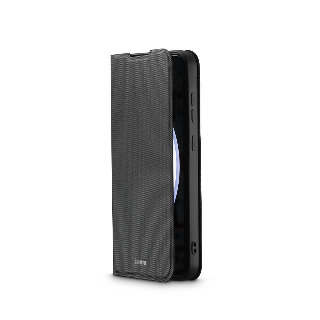 Schwarze Handyhülle, geöffnet, um ein Smartphone zu zeigen. Die Hülle ist strukturiert.