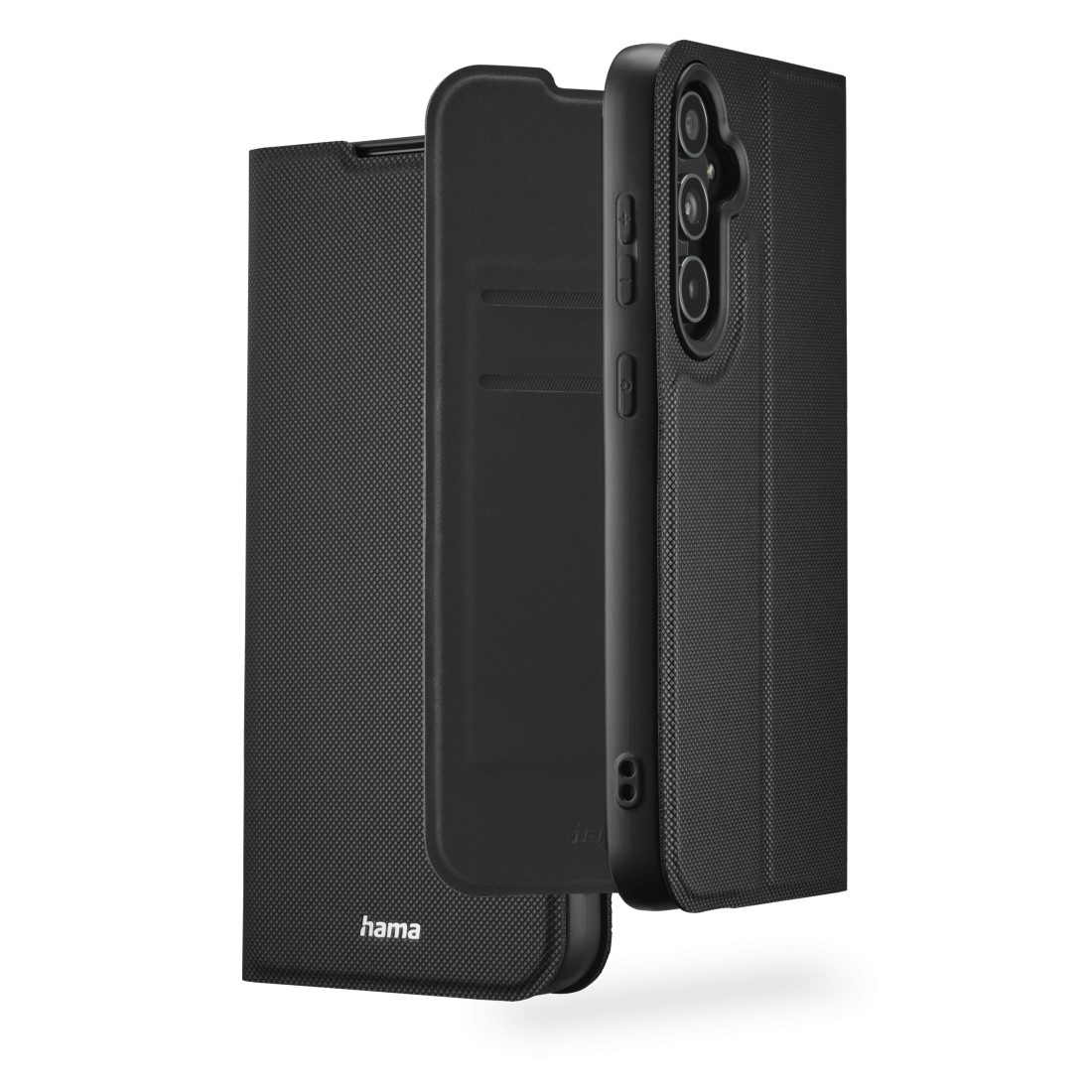 Schwarze Handyhülle mit geöffneter Abdeckung, das Telefon ist sichtbar.