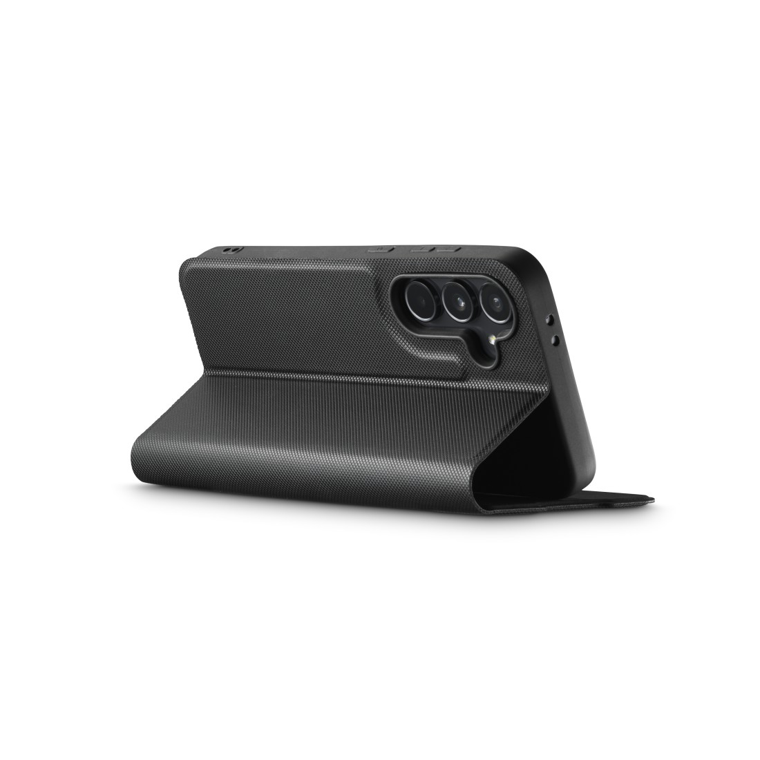 Eine schwarze Handyhülle steht offen und zeigt die Kamera und das Design des Telefons.
