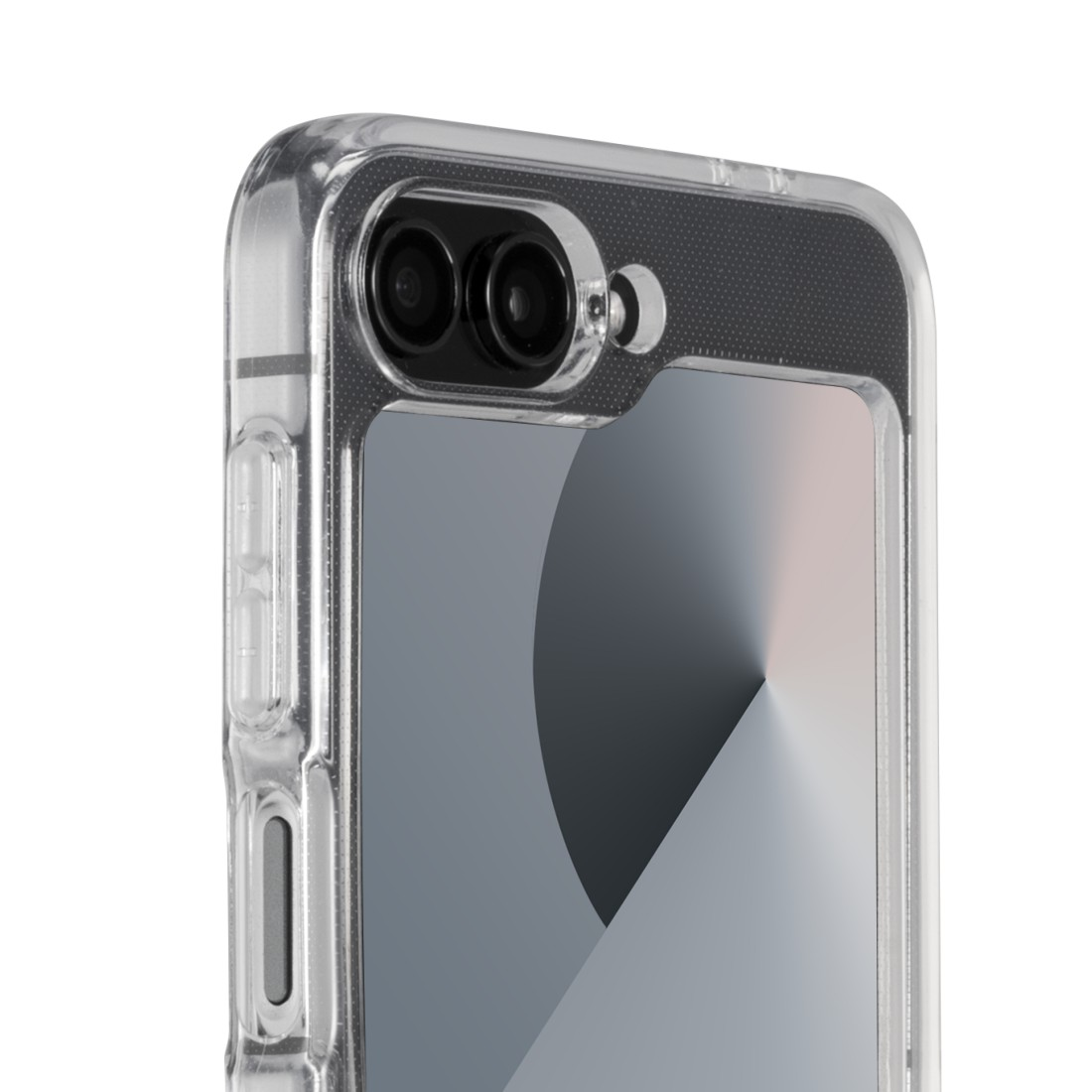 Nahaufnahme einer transparenten Handyhülle mit Dual-Kameras. Die Handyhülle hat ein transparentes Design.