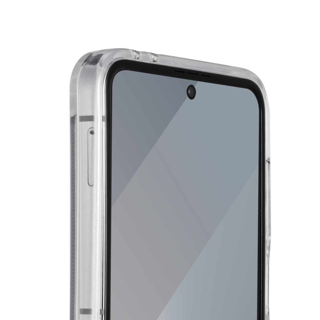 Nahaufnahme eines Smartphones in einer durchsichtigen Schutzhülle. Der Bildschirm ist sichtbar.