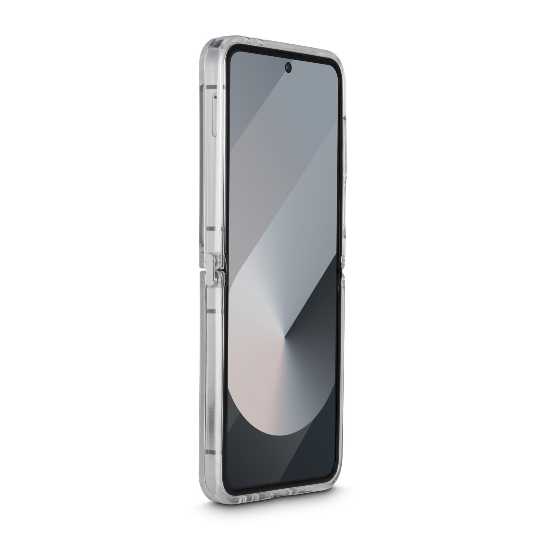 Transparente Handyhülle auf einem gefalteten Telefon, Bildschirm sichtbar.