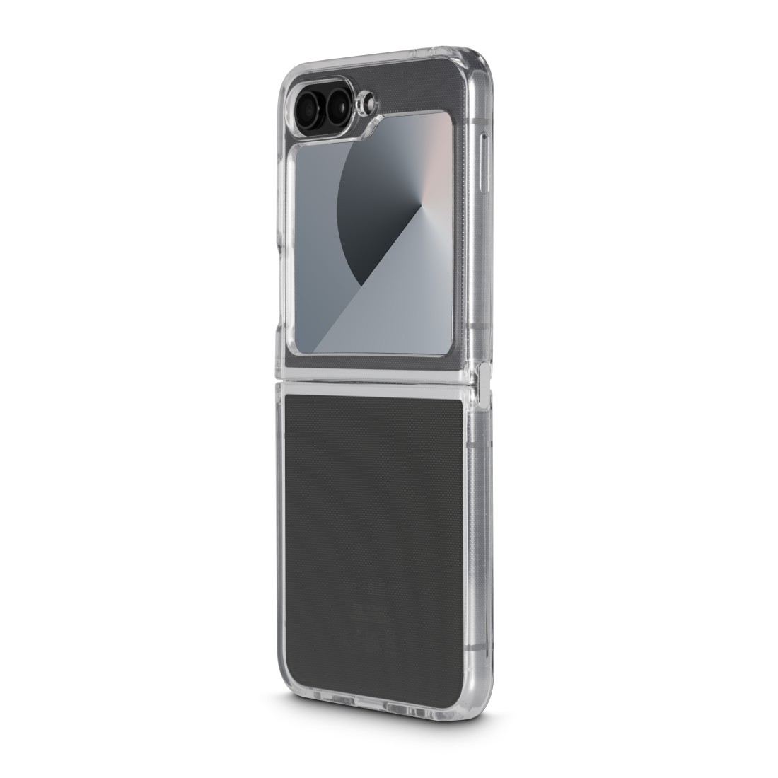 Eine geschlossene Handyhülle, transparent mit schwarzem Rahmen, zeigt ein geschlossenes Telefon.