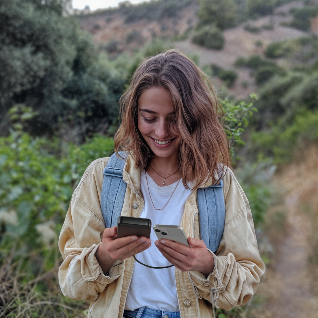 Eine Frau hält ein Telefon und eine Powerbank. Der Hintergrund ist eine Naturszene.