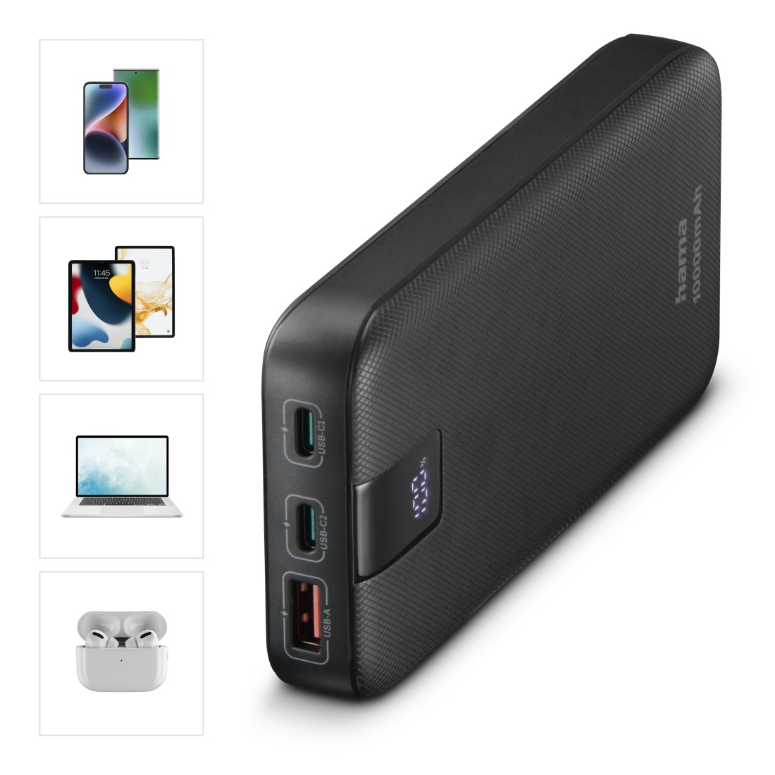 Eine schwarze Powerbank mit mehreren Anschlüssen und einem kleinen Display, mit verwandten Geräten.
