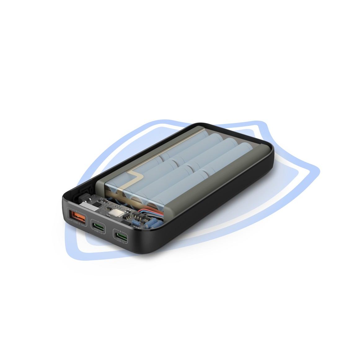 Schwarze Powerbank, Schnittansicht des Inneren, zeigt Batterien und Leiterplatte.