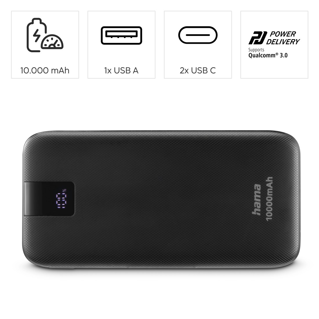 Schwarze Powerbank mit USB- und USB-C-Anschlüssen, Display und Text '10000mAh'.