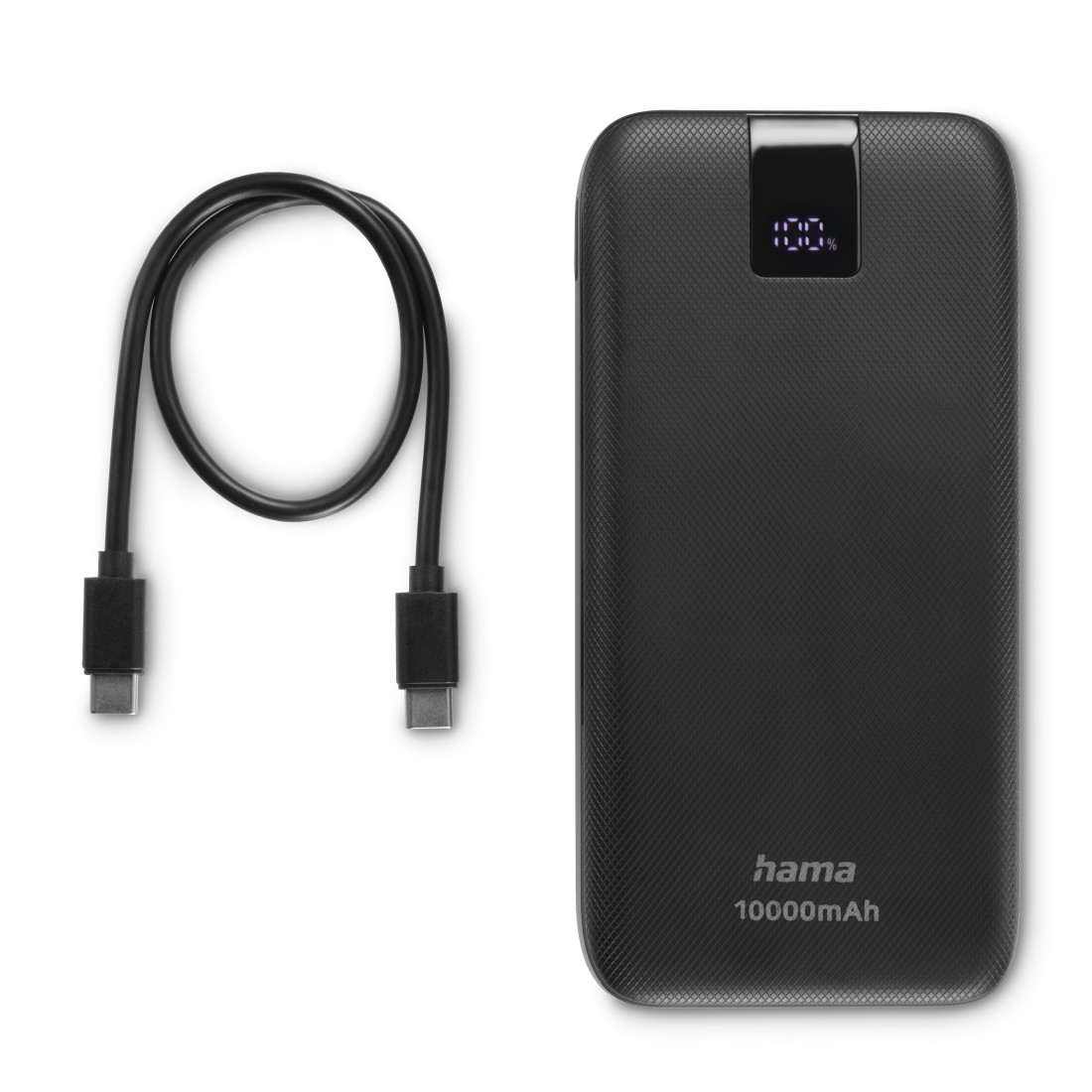 Schwarze Powerbank mit Kabel. Zeigt einen digitalen Prozentsatz an. Der Markenname 'hama' ist sichtbar.