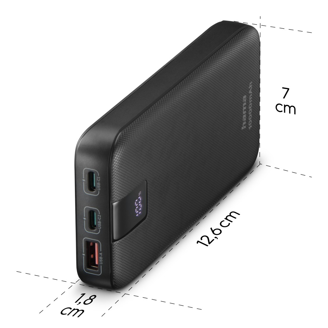 Schwarze Powerbank mit USB-Anschlüssen und Bildschirm, der den Ladestand anzeigt.