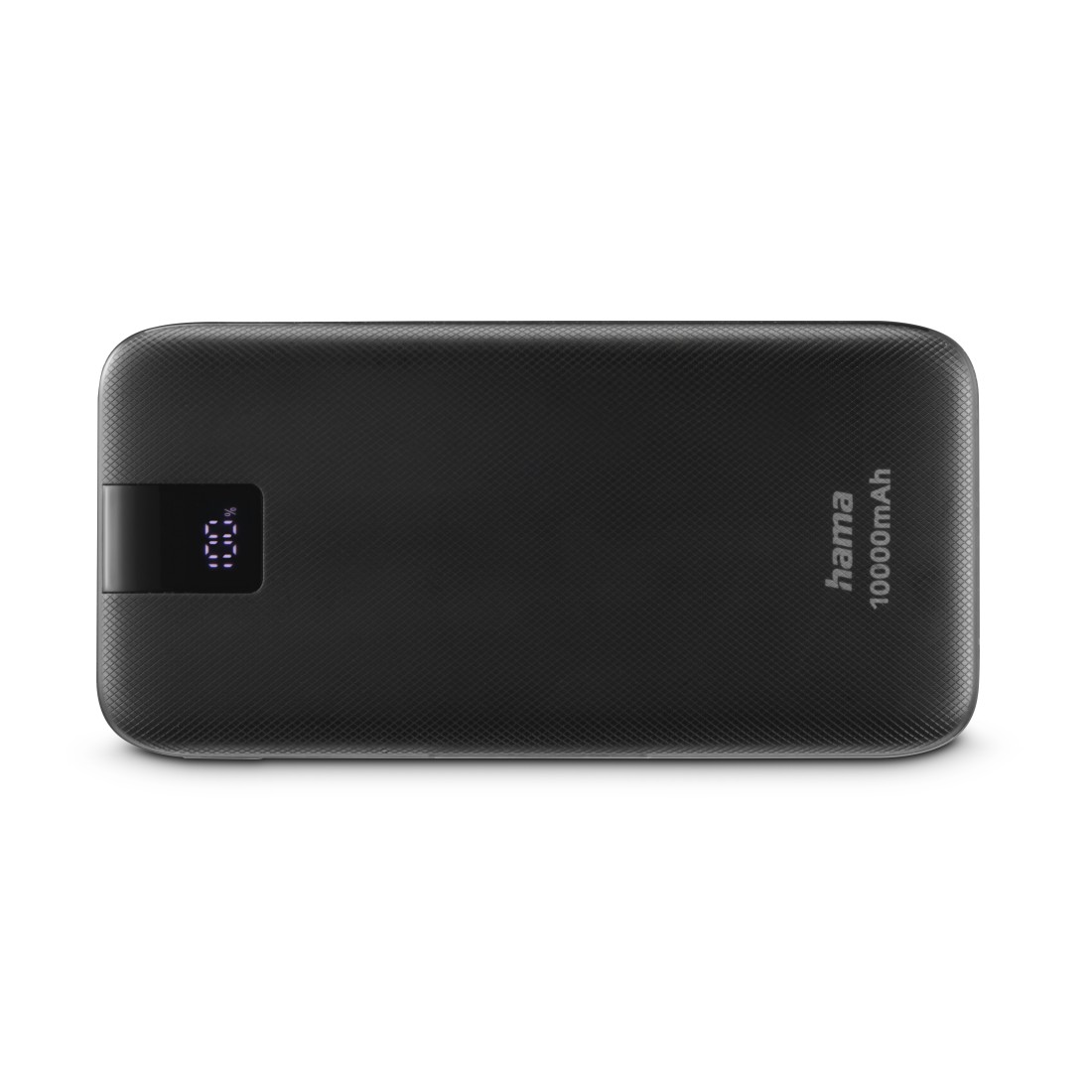 Schwarze Powerbank mit Digitalanzeige, die den Akkustand und das Hama-Logo anzeigt.