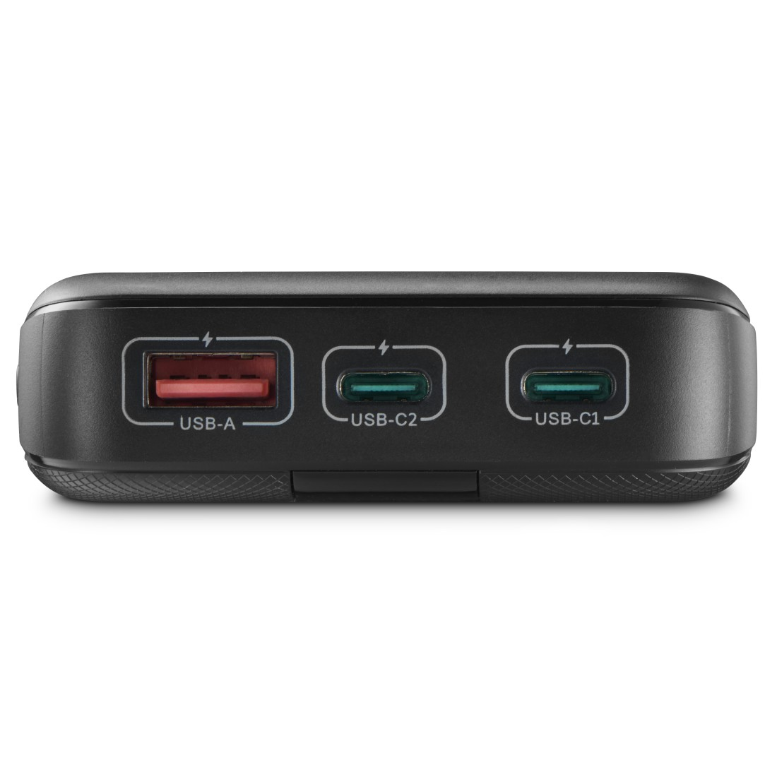 Ein schwarzer Ladeblock mit drei USB-Anschlüssen: USB-A, USB-C2, USB-C1.