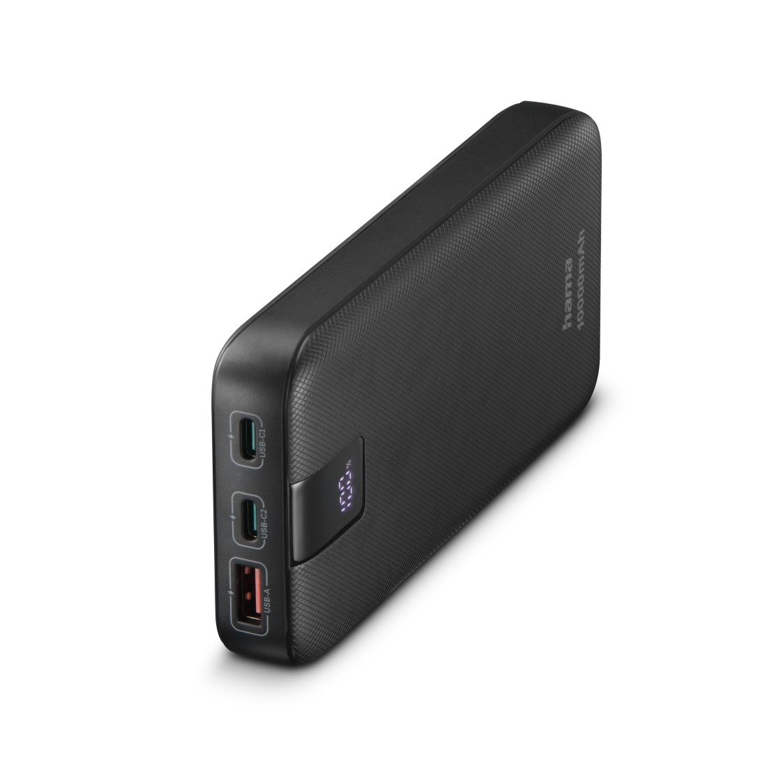 Schwarze Powerbank mit USB-Anschlüssen und digitaler Anzeige, 10000mAh Kapazität.