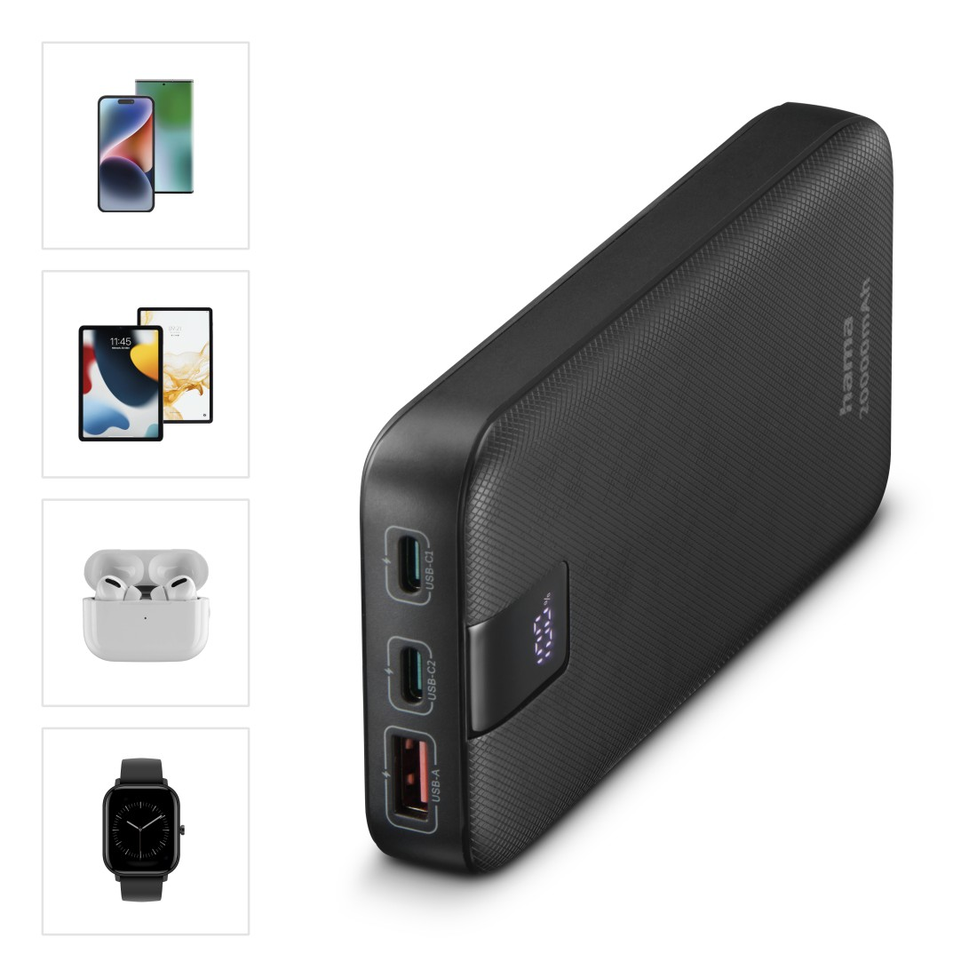 Eine Powerbank mit mehreren Anschlüssen und einem Display, mit Geräten im Hintergrund.