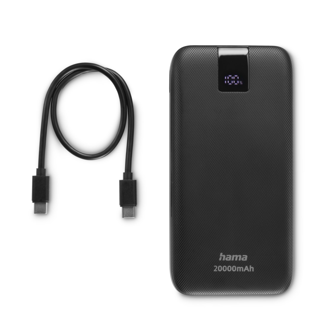 Eine schwarze Powerbank mit einem Ladekabel, die eine Prozentanzeige zeigt.