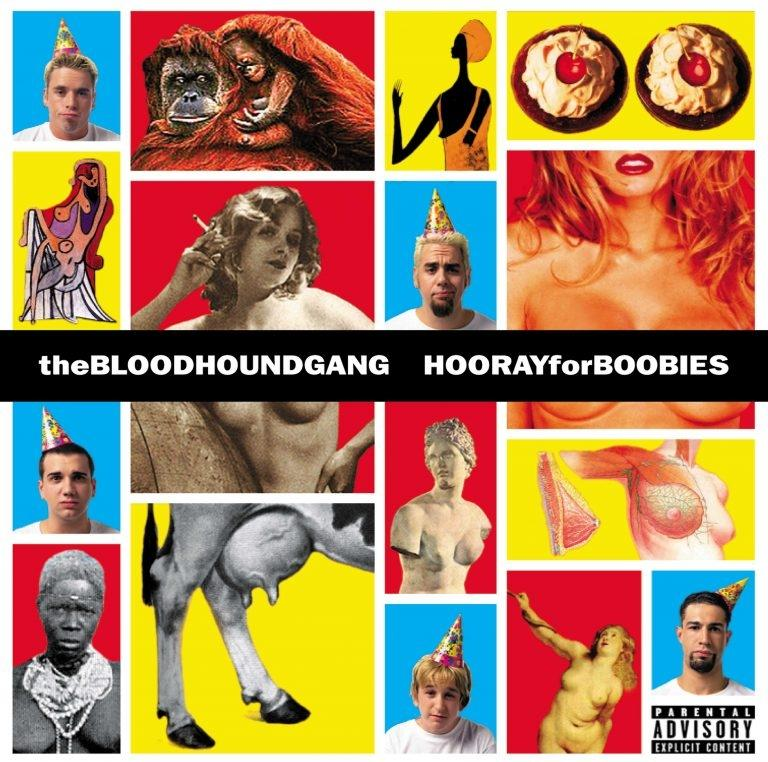 theBLOODHOUNDGANG HOORAYforBOOBIES Albumcover-Kunst. Collage aus Bildern, Gesichtern und Brüsten.