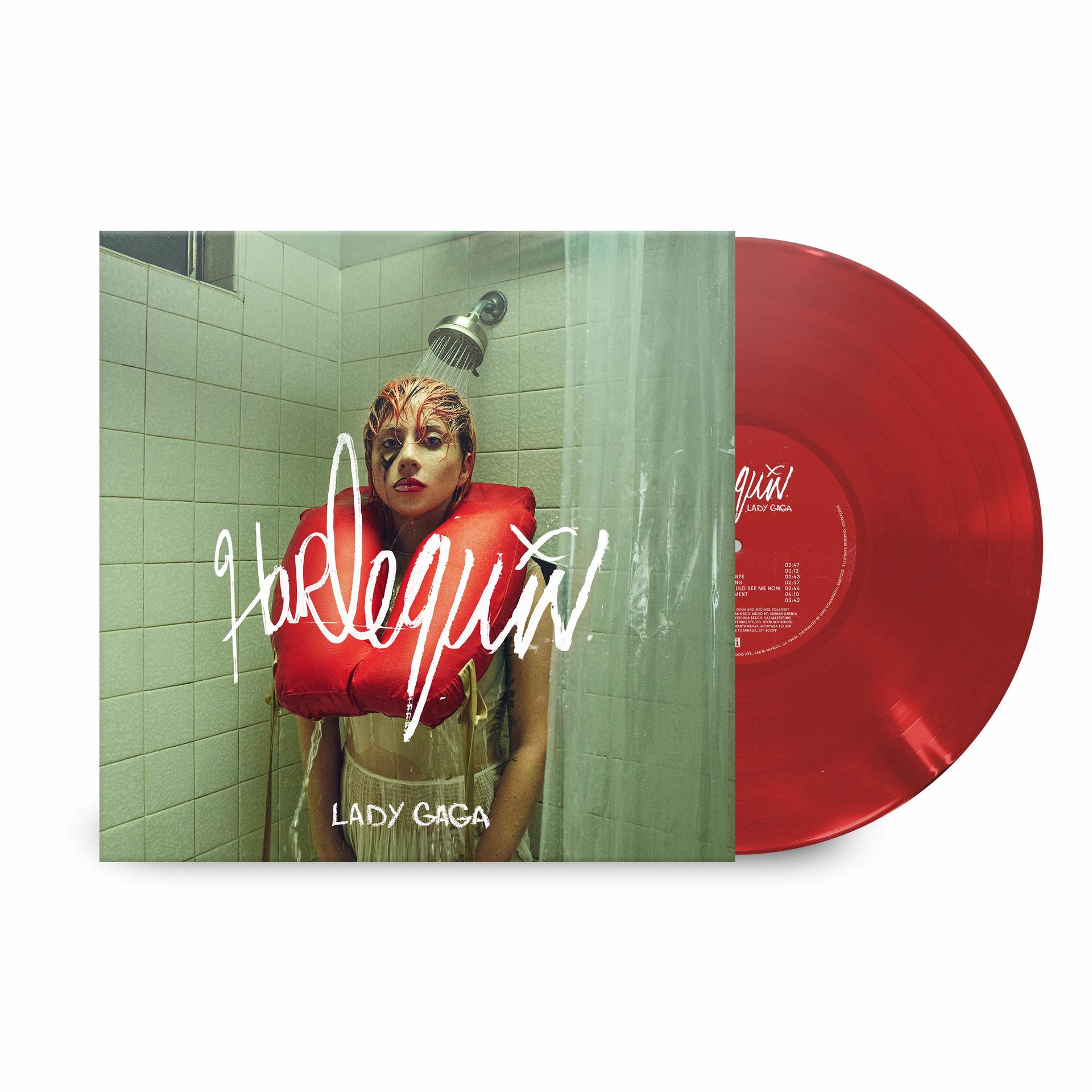 Een rode vinylplaat met Lady Gaga's album 'Harlequin' in een douche.