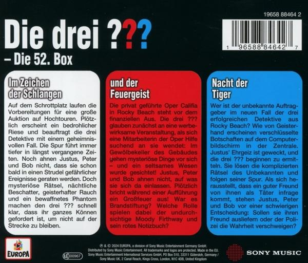 Buchcover mit dem Titel "Die drei ???" auf Deutsch, mit Text, Fragezeichen und einem Hintergrund aus Rot, Blau und Weiß.