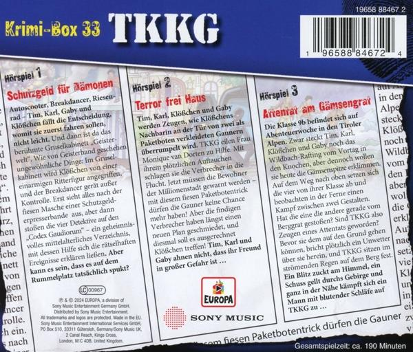 Buchcover mit deutschem Text, Titel 'Krimi-Box 33 TKKG' und Barcode.