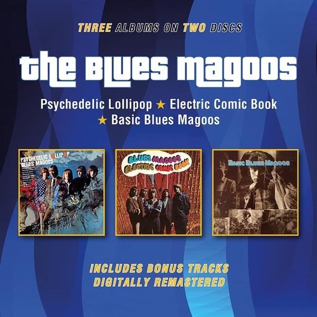 Albumcover mit drei Albumcovern in der Mitte. Der Titel lautet 'the blues Magoos'. Weißer Hintergrund.