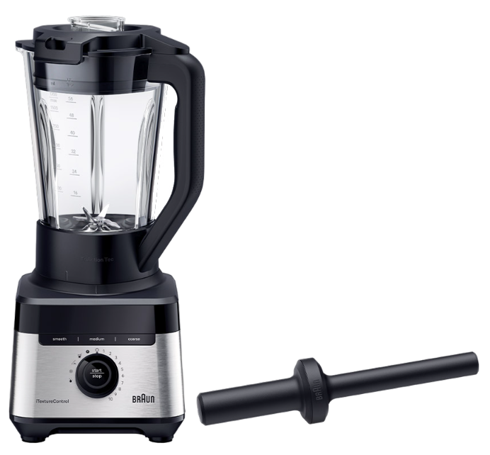 Silberner und schwarzer Braun-Mixer mit transparentem Behälter und schwarzem Mixstab.