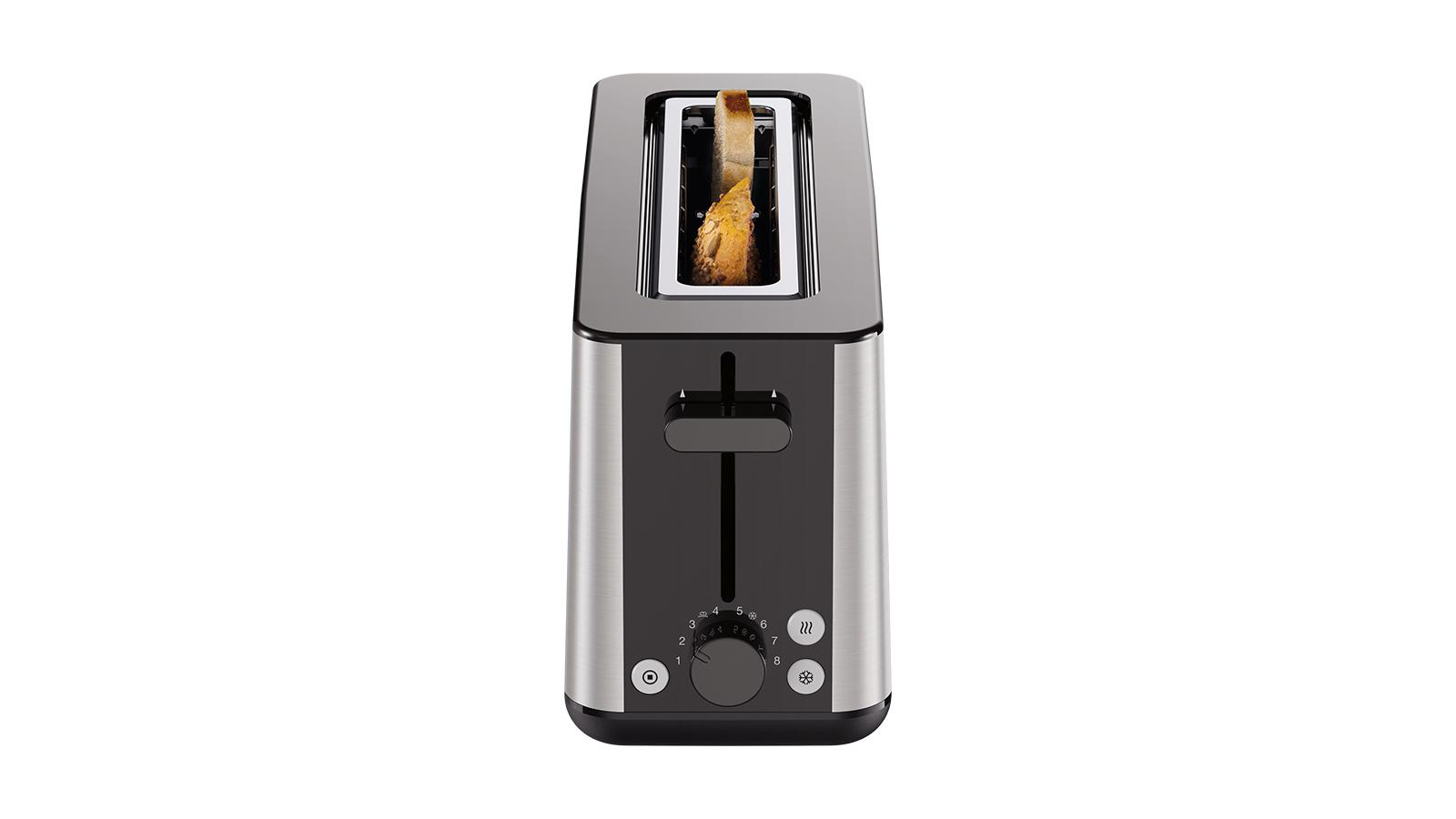 Ein Toaster aus Edelstahl und Schwarz mit einer Toastscheibe im Schlitz.