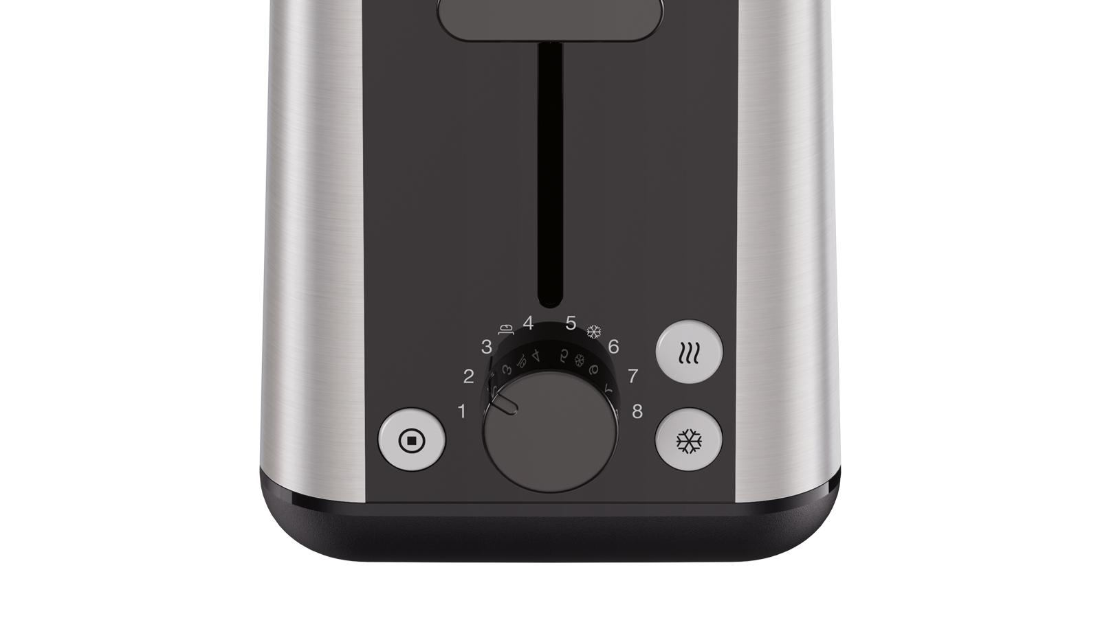 Nahaufnahme eines Toasters mit schwarzer Mitte und silbernen Seiten. Der Drehregler ist auf 3 eingestellt.