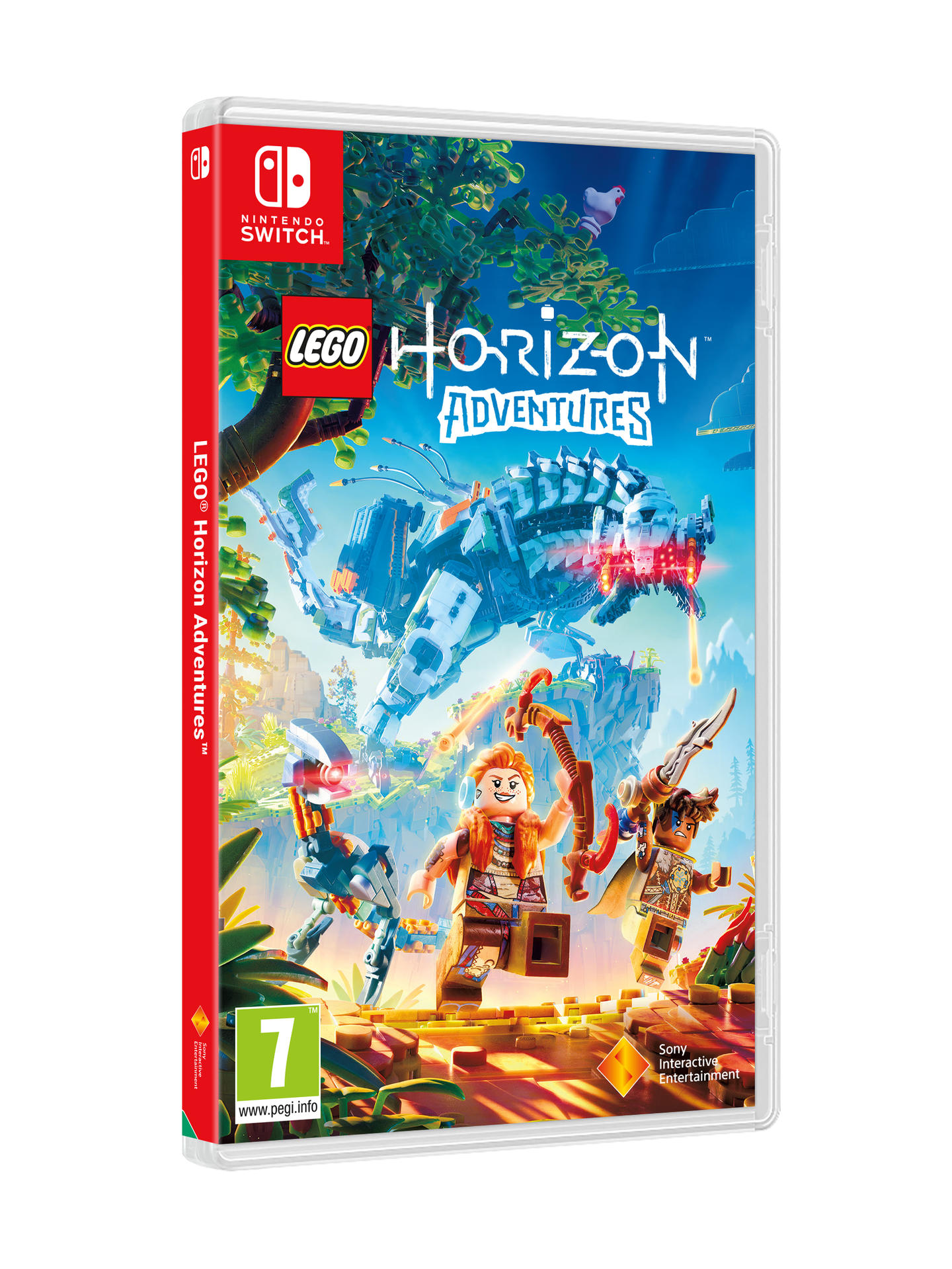 Spielbox-Art mit Lego-Charakteren. Es zeigt Lego Horizon Adventures.