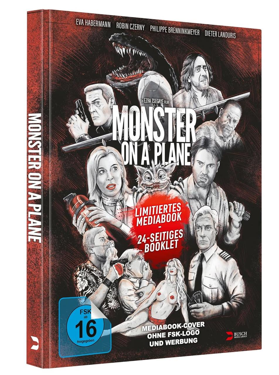 Filmcover von 'Monster on a Plane'. Das Artwork zeigt mehrere Figuren und ein Monster. Das Cover ist rot.