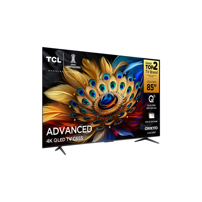 Büyük TCL 85" TV, ekranda tavuskuşu tüyü sanatı, sağda ürün bilgisi.