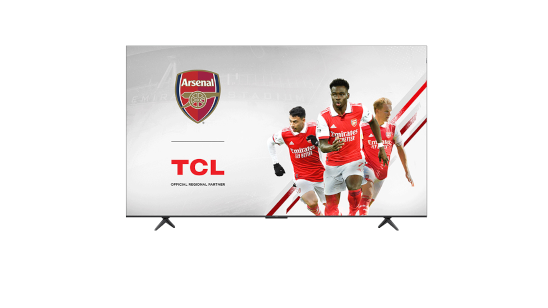 Arsenal logosu ve oyuncularını gösteren TV ekranı. TCL logosu. Siyah arka plan.
