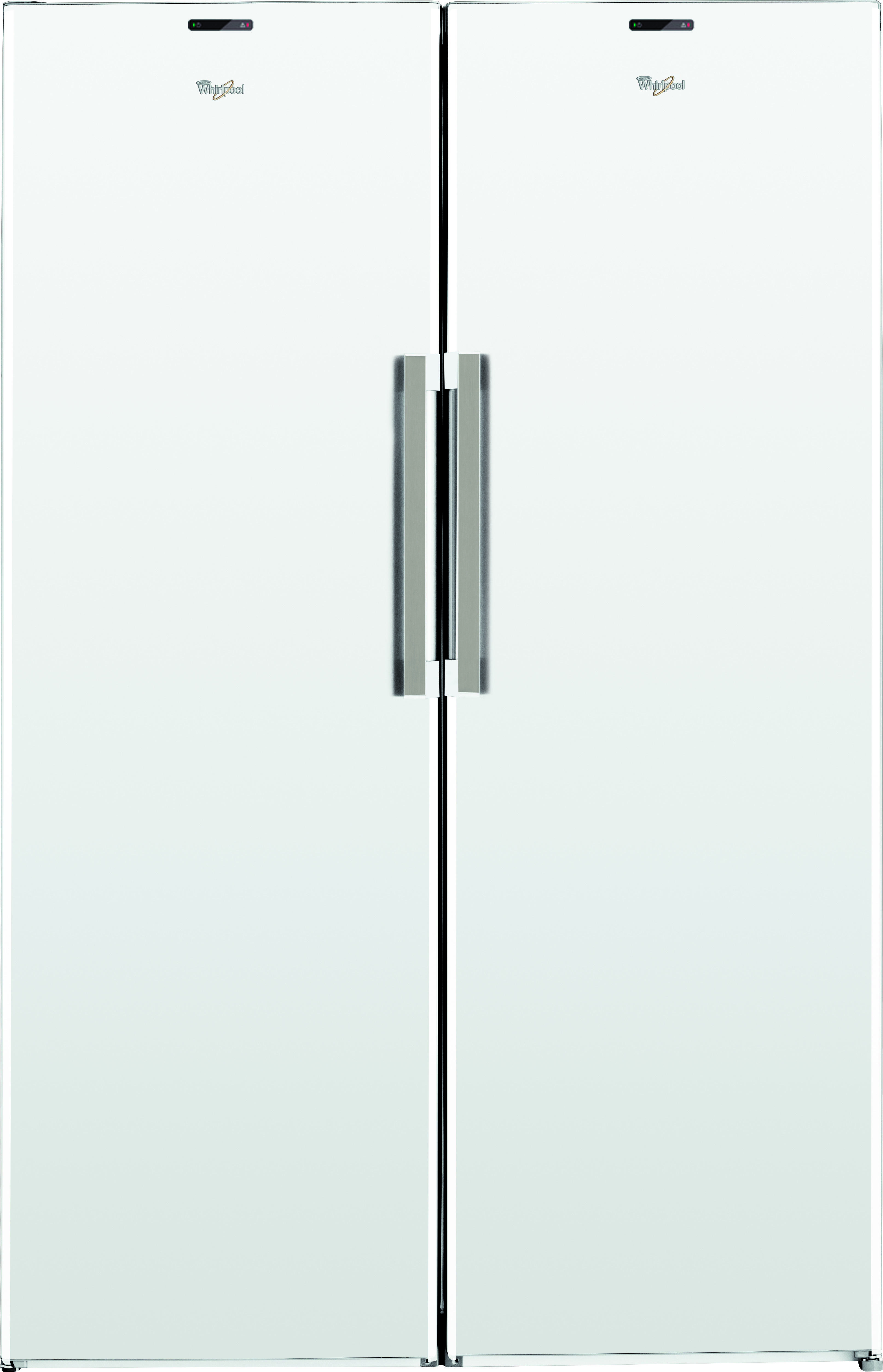 Biała lodówka side-by-side Whirlpool z uchwytami.