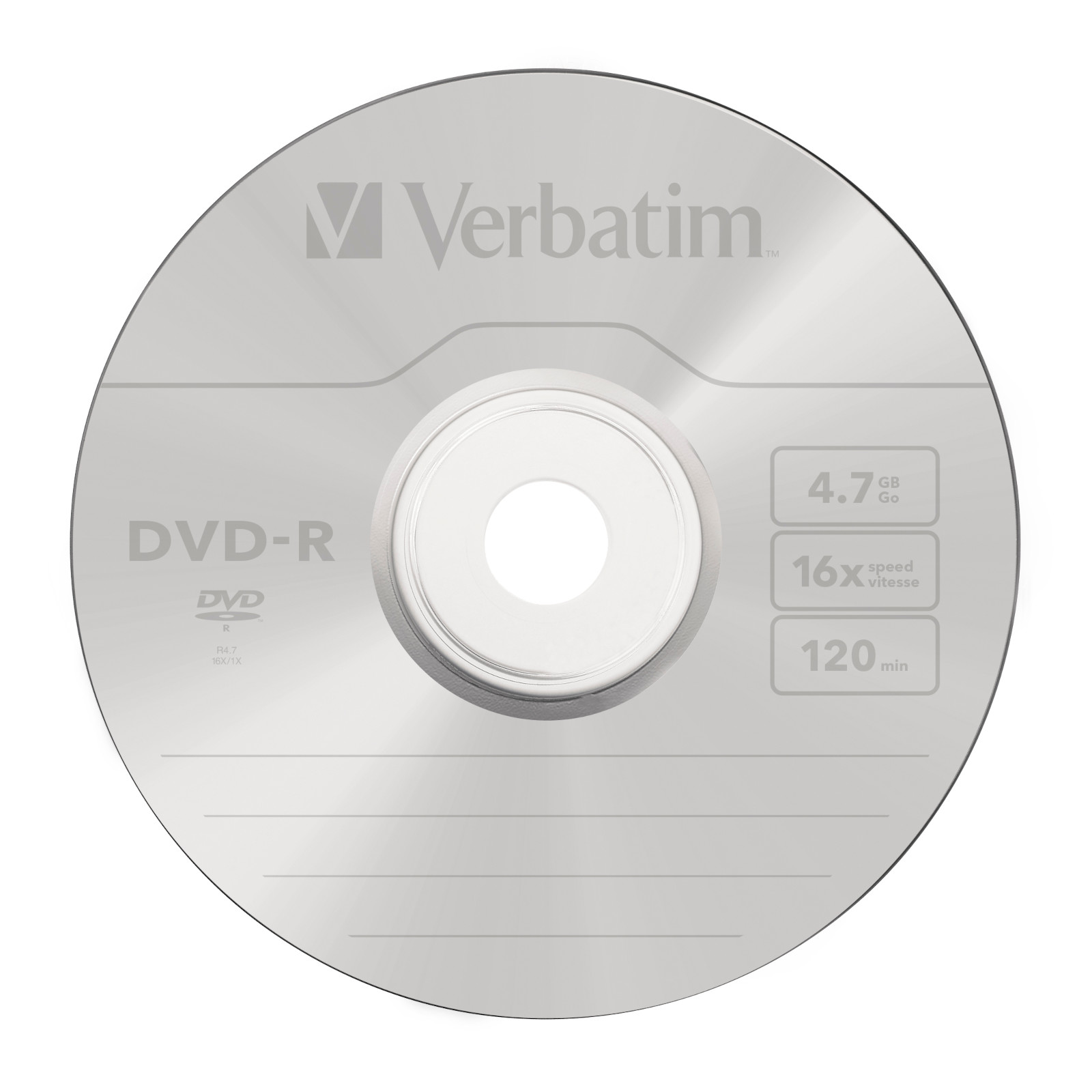 Srebrna płyta DVD-R z etykietą pokazującą 4,7 GB, prędkość 16x i 120 min.