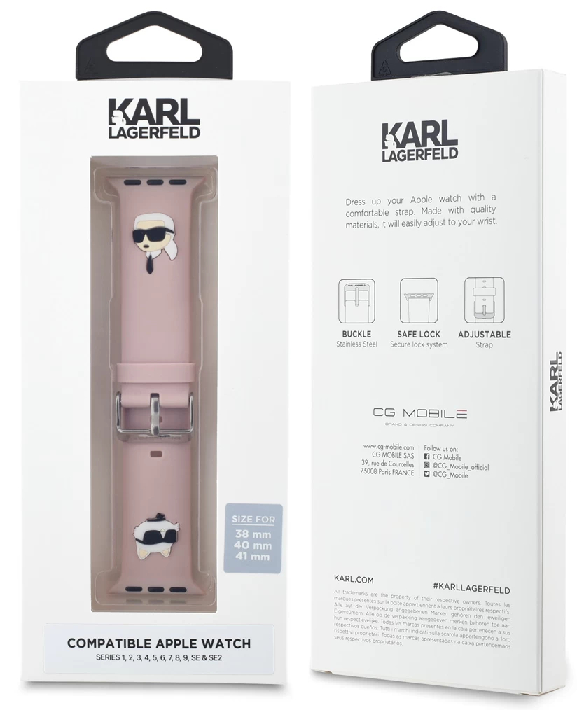 Różowy pasek do Apple Watch Karl Lagerfeld w opakowaniu, z akcesoriami i tekstem na pudełku.