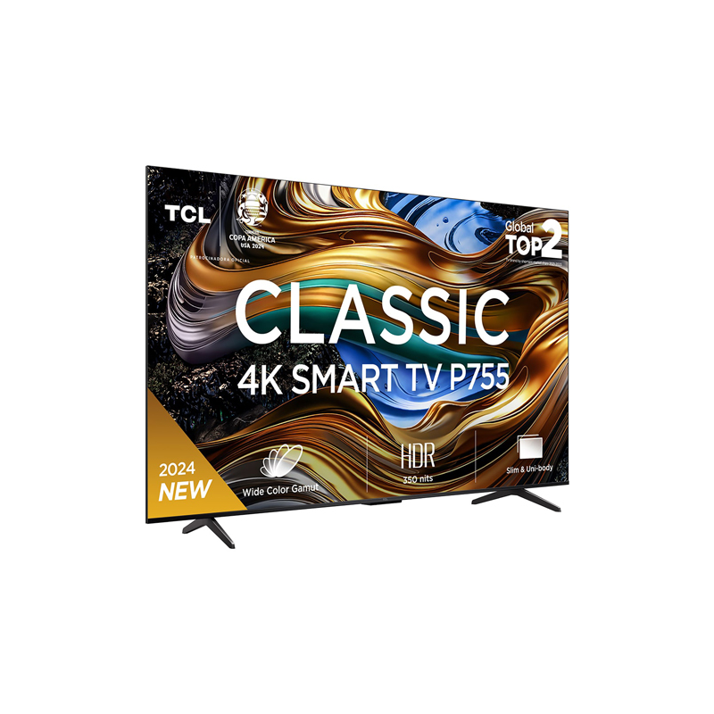 Altın ve siyah bir arka plana ve klasik ve akıllı TV kelimelerine sahip geniş ekranlı bir TV.