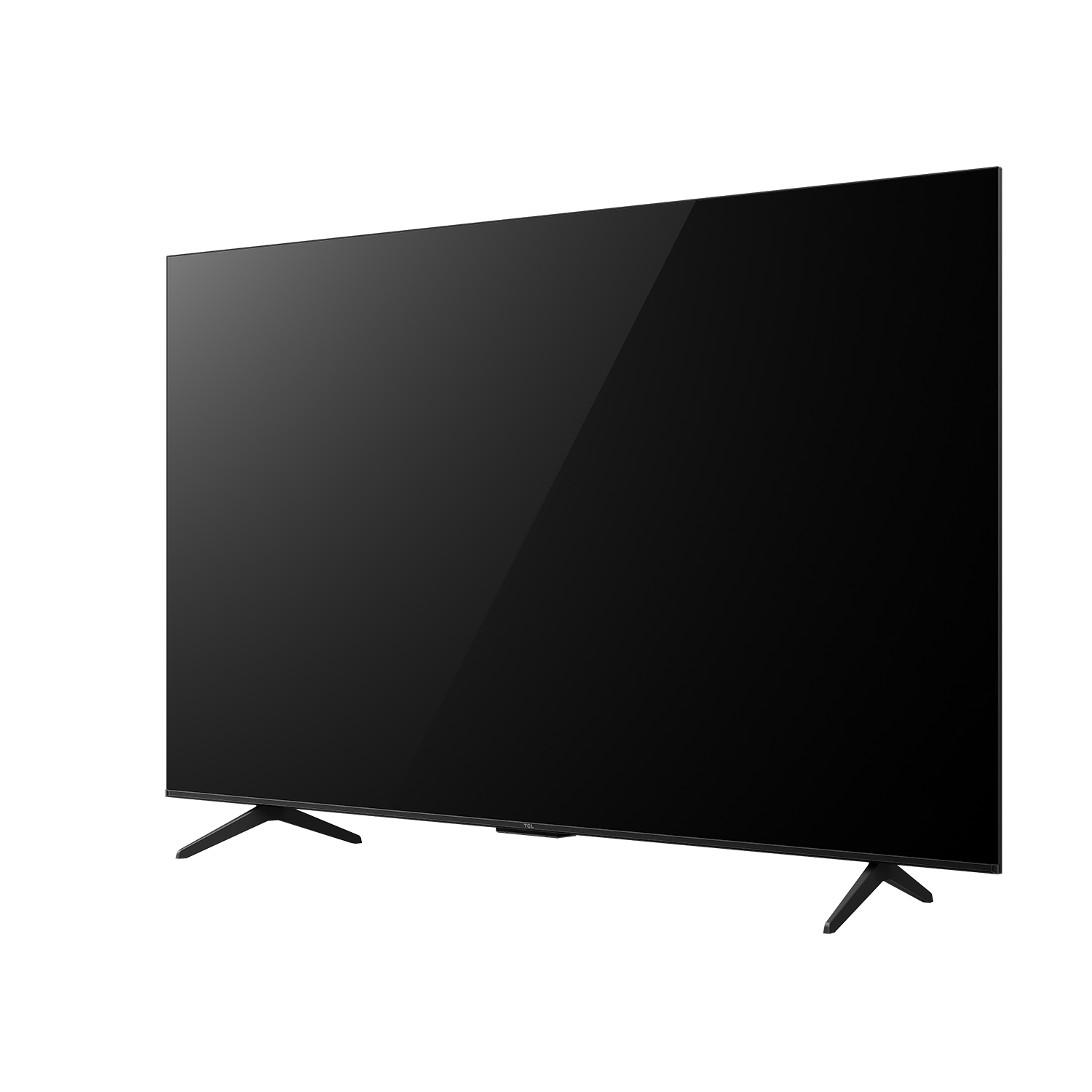 İki siyah ayaklı büyük siyah bir TV, hafifçe sola doğru açılı.
