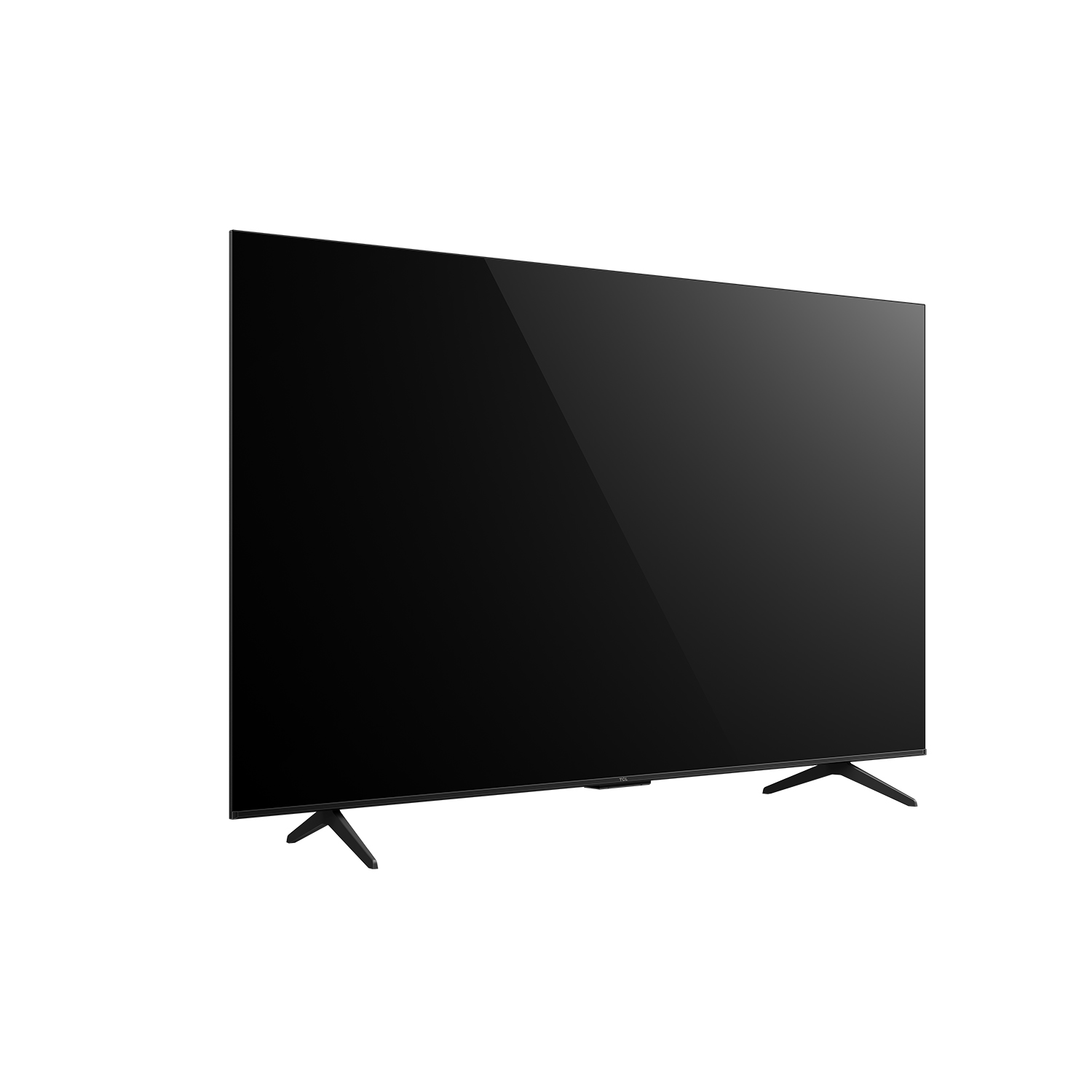 Beyaz bir arka plan üzerinde açılı olarak siyah bir TV, iki siyah ayaklı.